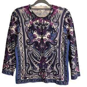 Charter Club Petite Medium Button Up Cardigan Paisley Purple Blue Ornate Pattern